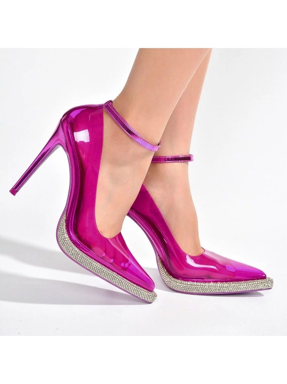 Timeless Fuchsia Pink Translucent Metallic Mini Rhinestone Platform Pumps Heels - Picture 1 of 10